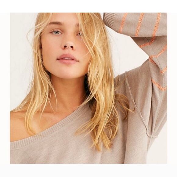 Free People Beach Dana Point Striped Sweater M Tan Orange Oversized Slouchy Boho - Picture 1 of 14
